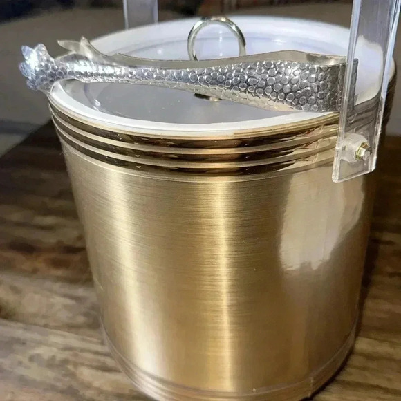 Vintage Ice Bucket Mid Century Modern MCM Copper/Gold w Ice Tongs Made in USA - Picture 5 of 10